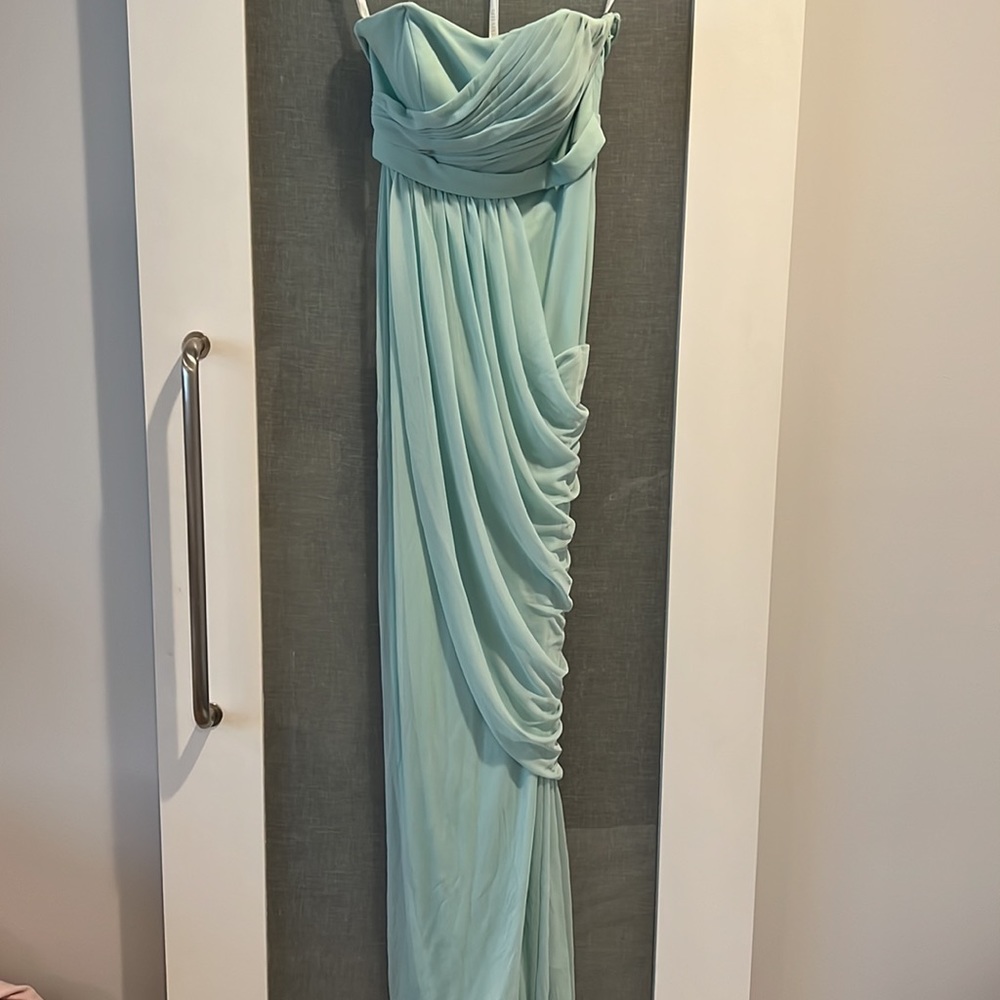 David’s Bridal Long Strapless Mesh Dress with Side Draping in Mint green